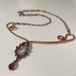 Copper Scroll Necklace Beaded Plum‎ and Lilac Crystals Elegant Rustic Handmade